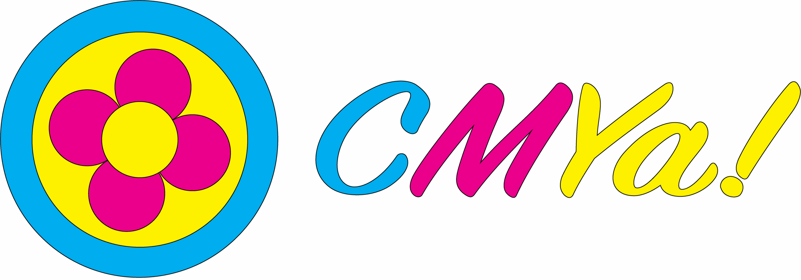 CMYa logo CMY CMYa! logo with a circle on the right with a cyan outer ring and a yellow inner circle that contains a magenta flower with a yellow circle at center. The work CMYa! is to the right, with the C in cyan, M in magenta, and Ya! in yellow