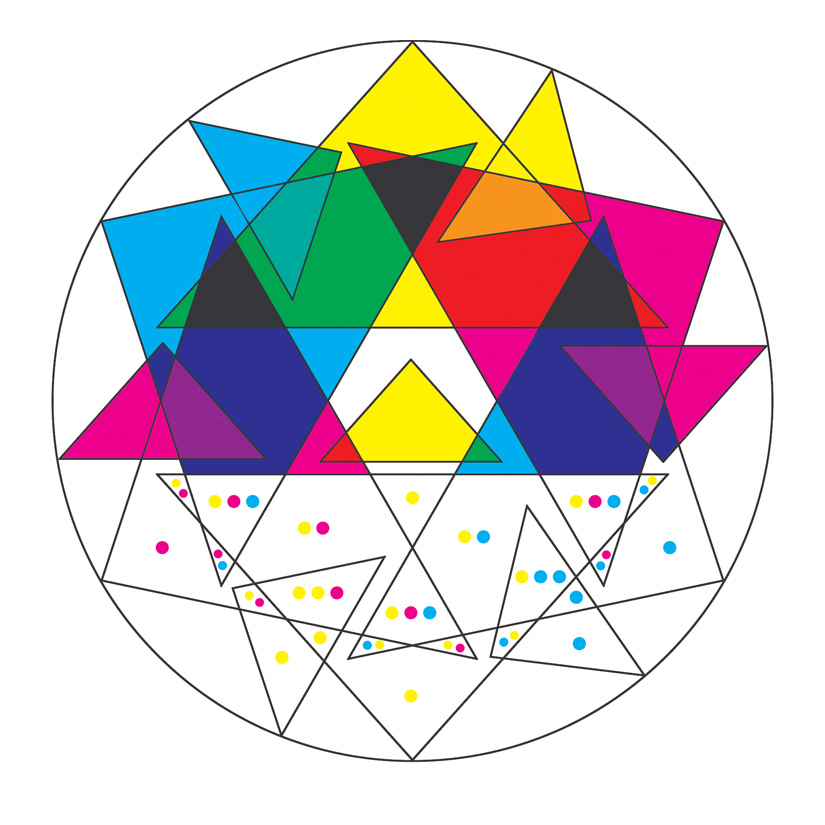 Geometric pattern with colourful triangles and dots