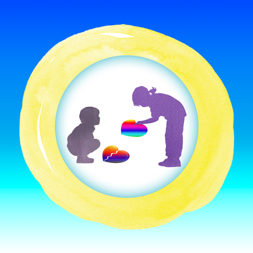 Silhouettes exchanging colourful heart shapes